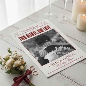 以下が含まれることがあります： 「TWO HEARTS, ONE LOVE」のタイトルと「CHLOE & ANDREW」の名前が書かれた結婚式の告知が、白い木の表面に表示されています。白いバラの小さな花束と2つの金の結婚指輪もあります。2本のろうそくが灯り、シャンパングラスが背景にあります。