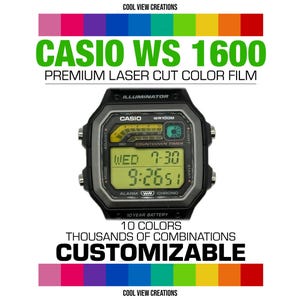 May include: A black Casio WS 1600 digital watch with a yellow display showing the time and date. The watch face is surrounded by a black bezel. The image includes text that says "Premium Laser Cut Color Film" and "Customizable".