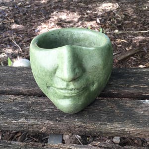 May include: A green ceramic planter shaped like a face with a smiling mouth. The planter is sitting on a wooden surface.
