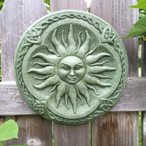 Celtic Sun Goddess Garden Art Sculpture Moss Green Concrete Plaque image 1