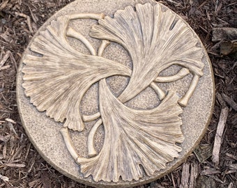 Cast Concrete Ginkgo Leaf Stepping Stone (Brownstone) and Garden Plaque