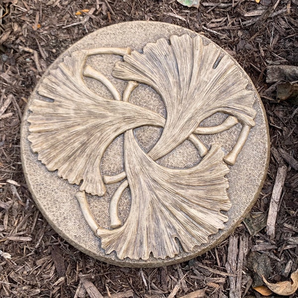 Cast Concrete Ginkgo Leaf Stepping Stone (Brownstone) and Garden Plaque