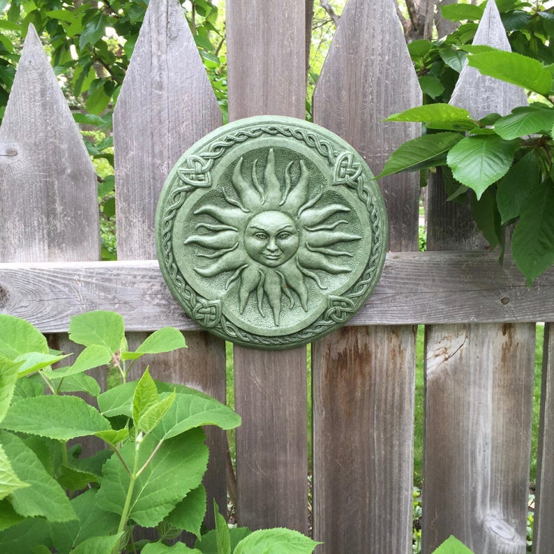 Celtic Sun Goddess Garden Art Sculpture Moss Green Concrete Plaque image 5