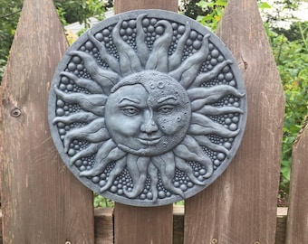 Sun and Moon  Concrete Garden Plaque Partial Eclipse in Bluestone (Blue/Gray)