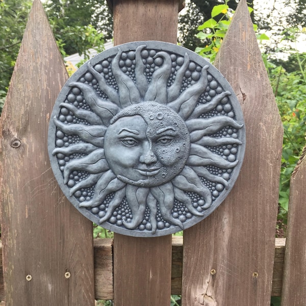 Sun and Moon  Concrete Garden Plaque Partial Eclipse in Bluestone (Blue/Gray)