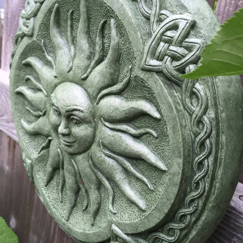 Celtic Sun Goddess Garden Art Sculpture Moss Green Concrete Plaque image 4