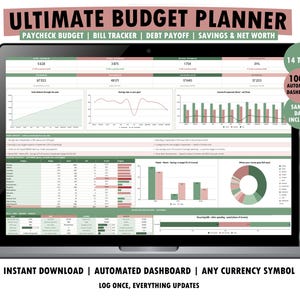 Peut inclure: Un écran d'ordinateur portable affichant un tableau de bord Ultimate Budget Planner avec des graphiques, des tableaux et des données financières codés en vert et rose. L'interface inclut des sections pour le budget, les factures et l'épargne.