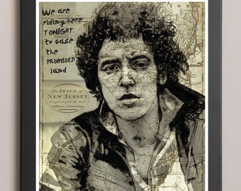 Bruce Springsteen Art Print over Vintage Map of New Jersey - Fan Art Rock Music Poster Guitar Wall Art Thunder Road Digital Art Matte Print