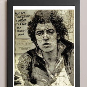 Bruce Springsteen Art Print over vintage kaart van New Jersey - fanart rockmuziek poster gitaar muur kunst Thunder Road digitale kunst matte print
