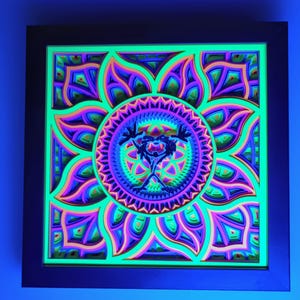 May include: A framed, layered paper art piece with a vibrant, psychedelic design. The artwork features a central circular motif with a stylized figure, surrounded by layered floral patterns in neon green, purple, orange, and blue hues. The frame is black.