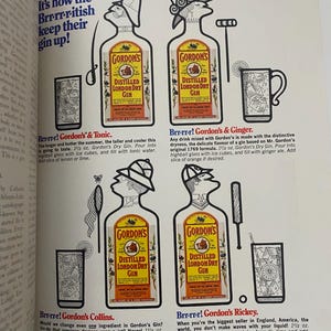 May include: A vintage advertisement for Gordon's Gin featuring four different cocktail recipes: Gordon's & Tonic, Gordon's & Ginger, Gordon's Collins, and Gordon's Rickey. Each recipe includes a cartoon illustration of a person holding a glass of the cocktail and a bottle of Gordon's Gin.