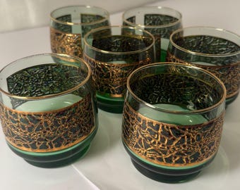 Vintage St. Claire Avocado Green & 22kt Gold Glasses, Set of 6