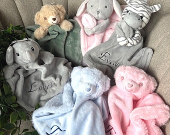 Personalised Baby Comforter, Embroidered Plush, Bear, Elephant, Rabbit, Zebra