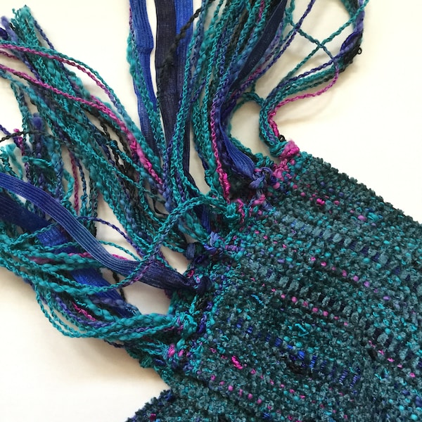 handwoven soft blue green chenille scarf