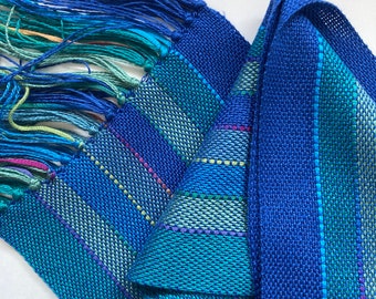 handwoven scarf in ocean blues and greens