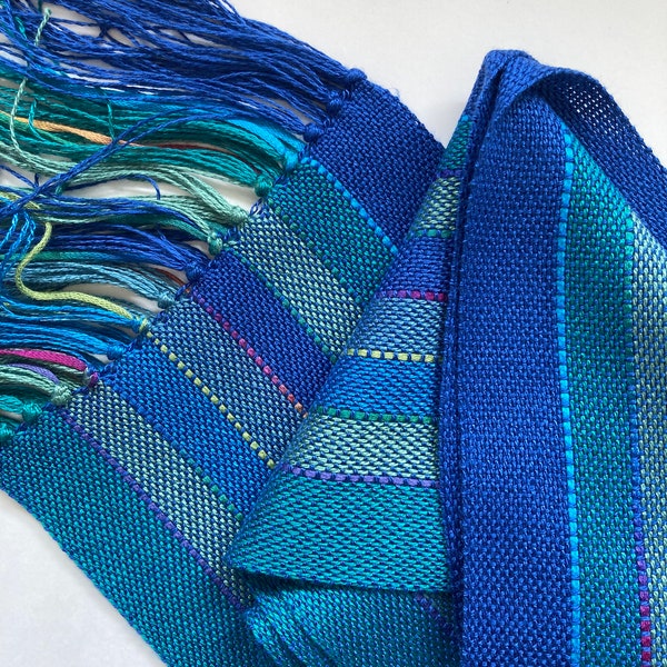 handwoven scarf in ocean blues and greens