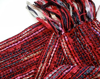 handwoven ribbon scarf in red and black narrow