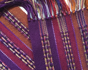 handwoven bamboo scarf in aubergine cranberry and curry