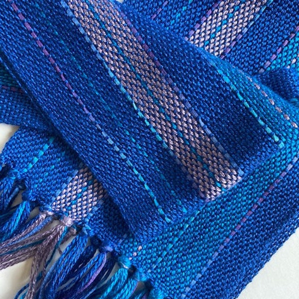 handwoven scarf in blues and dusty lavender bamboo narrow