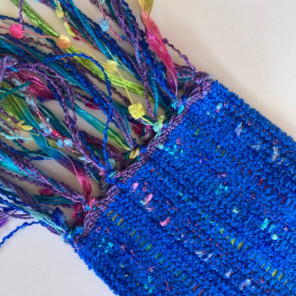 handwoven narrow scarf azure blue chenille