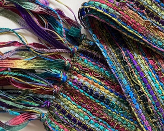 handwoven scarf in jewel tone ribbons