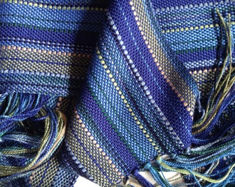 handwoven scarf in a blend of blues narrow