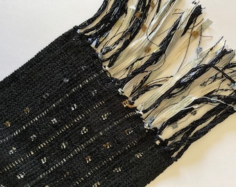 handwoven scarf black chenille with cream ribbons