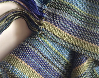 handwoven scarf willow green blue narrow