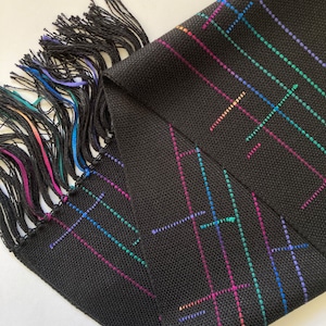 handwoven scarf black with colorful crosshatch pattern