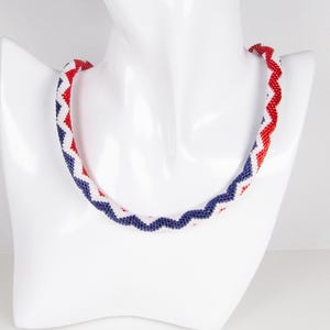Crochet Beaded Necklace: Red White Blue Zigzag Handmade Bead Rope Jewelry