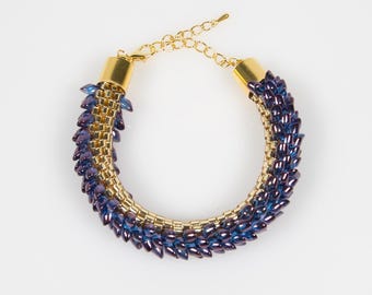 Blue Purple Dragon Scale Bracelet: Miyuki Magatama Beads, Gold Adjustable Lobster Clasp, Handmade