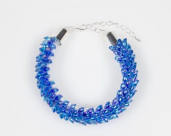 Blue Dragon Scale Bracelet: Miyuki Magatama Beads, Silver Adjustable Lobster Clasp, Handmade