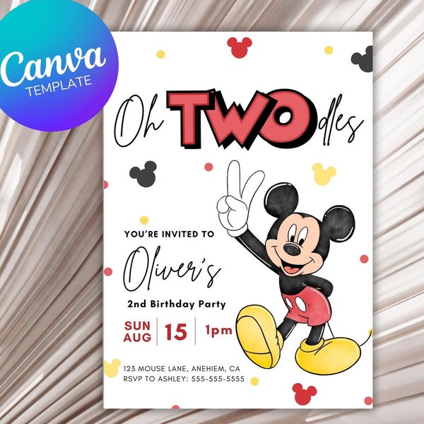 Mickey Oh Twodles Birthday Invitation | Mickey Invitation Second Birthday | Editable Canva Template