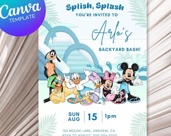 Mickey & Friends Birthday Backyard Water Party, Mickey Donald, Minnie, Goofy Summer Invite, Editable Canva Template