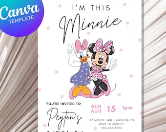 May include: A pink and white birthday invitation with a cartoon image of Minnie Mouse and Daisy Duck. The text reads "I'm This Minnie" and "You're Invited to Peyton's 2nd Birthday Party". The date and time of the party are listed as "Sun Aug 15 1pm".