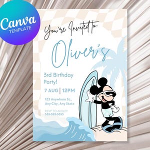 Invitación de cumpleaños de Mickey surfeando en verano, invitación de cumpleaños de Mickey en la piscina, plantilla editable de Canva