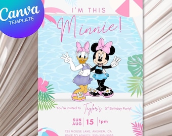 Minnie and Daisy Third Birthday Summer Party, Third Birthday Invite, Daisy & Minnie Pool, Editable Canva Template