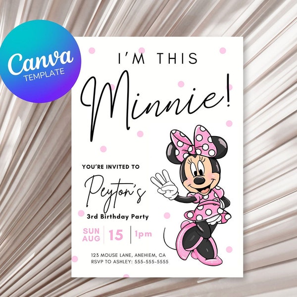 I'm This Minnie Birthday Invitation, Third Birthday Invite, Editable Canva Template