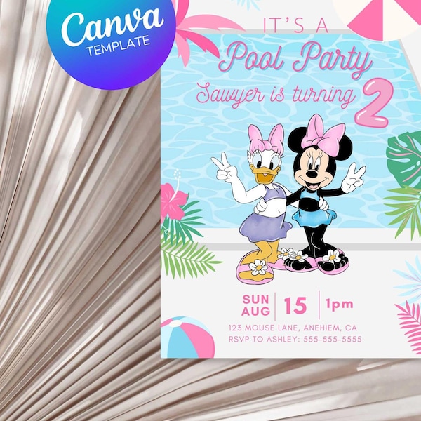 Minnie and Daisy Second Birthday Pool Party, Second Birthday Invite, Daisy & Minnie Pool, Editable Canva Template