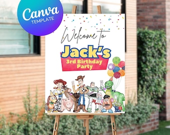 Toy Story Third Birthday Welcome Sign, Woody and Buzz Three Fingers | You&#39;ve Got a Friend in Three | Editable Canva Template
