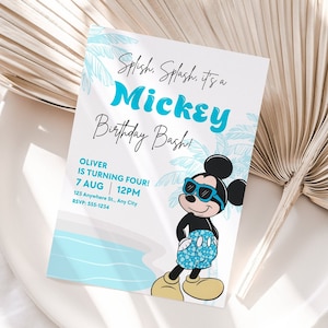 Invitación de cumpleaños para fiesta de verano en la piscina de Mickey, invitación para el segundo cumpleaños, plantilla editable de Canva