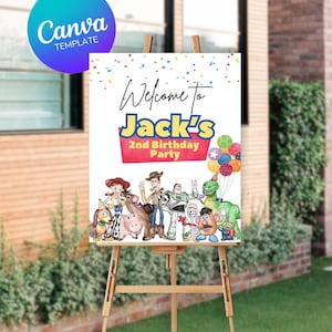 Pode incluir: Um cartaz de boas-vindas branco com confete colorido e o texto "Welcome to Jack's 2nd Birthday Party". O cartaz apresenta uma imagem de desenho animado dos personagens de Toy Story, incluindo Woody, Buzz Lightyear, Jessie e o Sr. e a Sra. Potato Head.