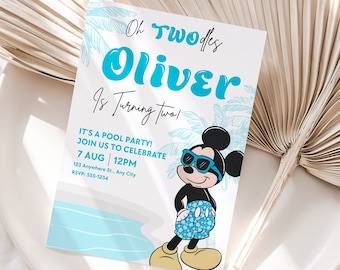 Mickey Summer Pool Party Birthday Invitation, Second Birthday Invite, Editable Canva Template