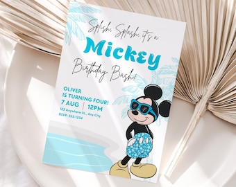 Mickey Summer Pool Party Birthday Invitation, Second Birthday Invite, Editable Canva Template