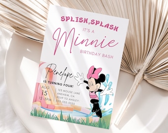 Minnie Summer Backyard Water Slide Invite, Editable Canva Template