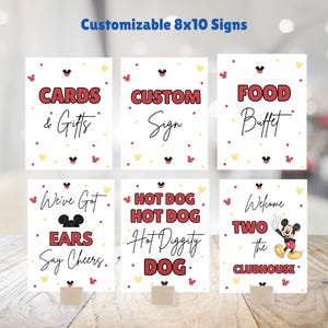 May include: Eight printable 8x10 inch signs featuring a Mickey Mouse theme. The signs have red and black text with yellow and red polka dots. The signs say "Cards & Gifts", "Custom Sign", "Food Buffet", "We've Got Ears Say Cheers", "Hot Dog Hot Dog Hot Diggity Dog", and "Welcome Two The Clubhouse".