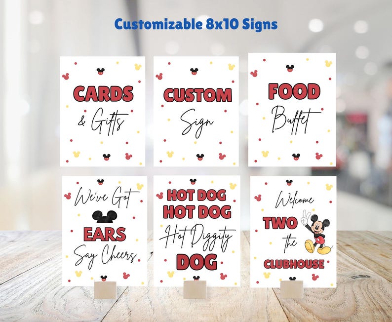 May include: Eight printable 8x10 inch signs featuring a Mickey Mouse theme. The signs have red and black text with yellow and red polka dots. The signs say "Cards & Gifts", "Custom Sign", "Food Buffet", "We've Got Ears Say Cheers", "Hot Dog Hot Dog Hot Diggity Dog", and "Welcome Two The Clubhouse".