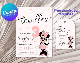 Invitación de cumpleaños de Minnie, plantilla editable de Canva, para tu tercer cumpleaños