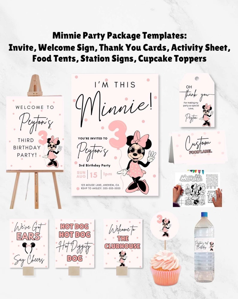 May include: A Minnie Mouse themed party package with printable templates for invitations, welcome signs, thank you cards, activity sheets, food tent signs, station signs, and cupcake toppers. The designs feature pink, white, and black colors with polka dots and Minnie Mouse illustrations.