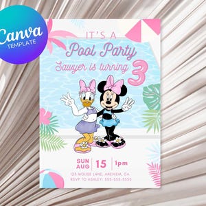 Minnie and Daisy Third Birthday Pool Party, Third Birthday Invite, Daisy & Minnie Pool, Editable Canva Template